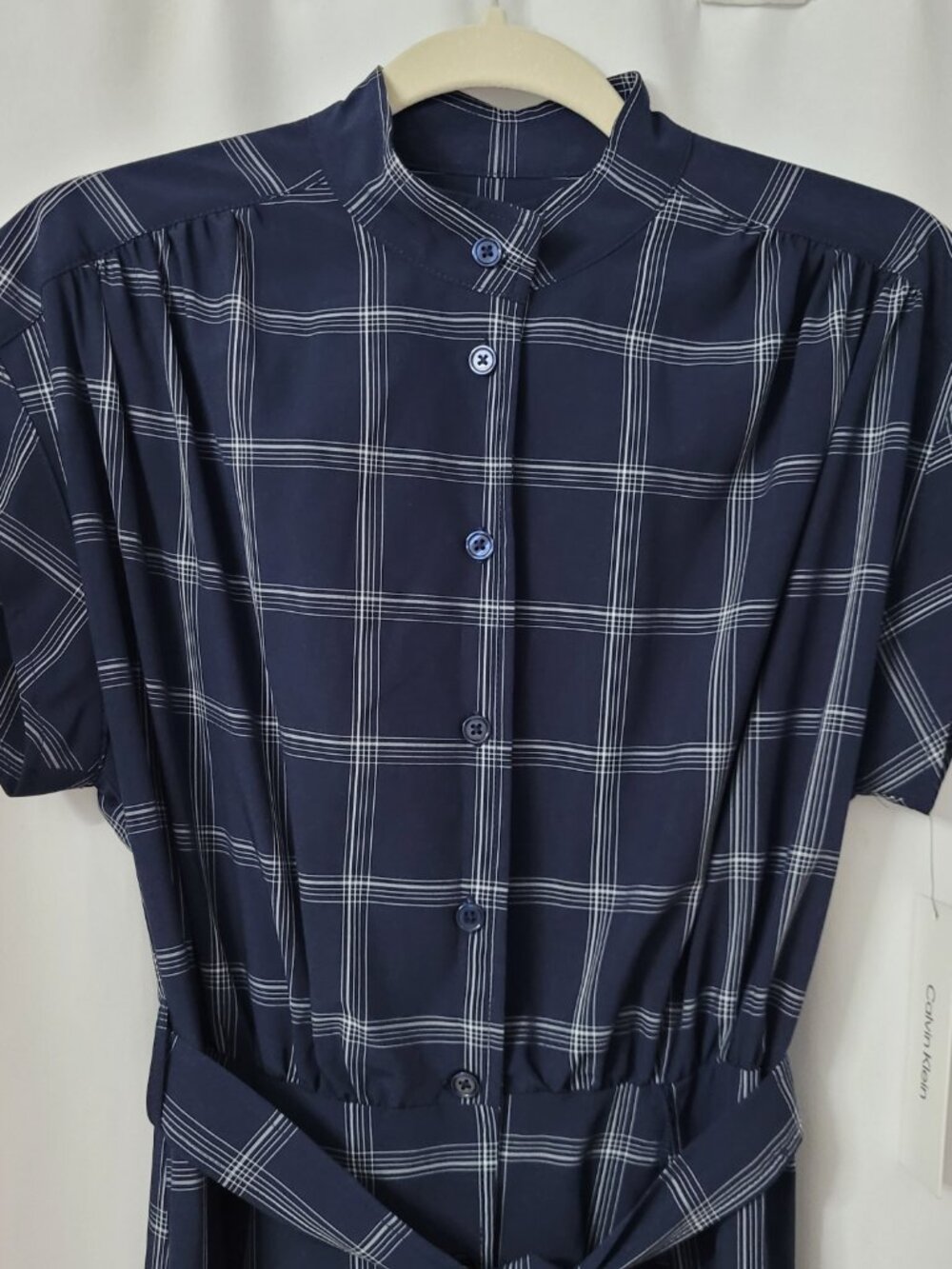 NWT Calvin Klein Navy Windowpane Plaid Belted Midi Shirt Dress - Picture 2 of 13